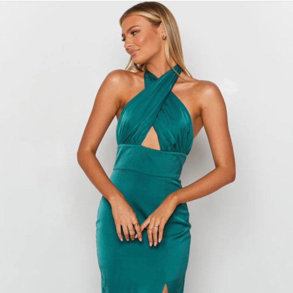 Beginning Boutique Higher Love Cross Front High Slit Formal Dress in Peacock XXS - Picture 2 of 9